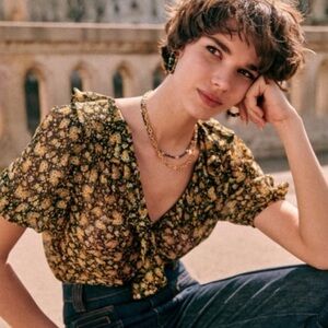 Sezane Irina Dark Floral/Yellow Blouse